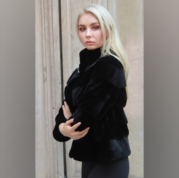 Black Sheared Rex Rabbit Fur Jacket - Picture 2 of 5